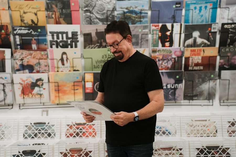Robert Pooley portrait, record shop